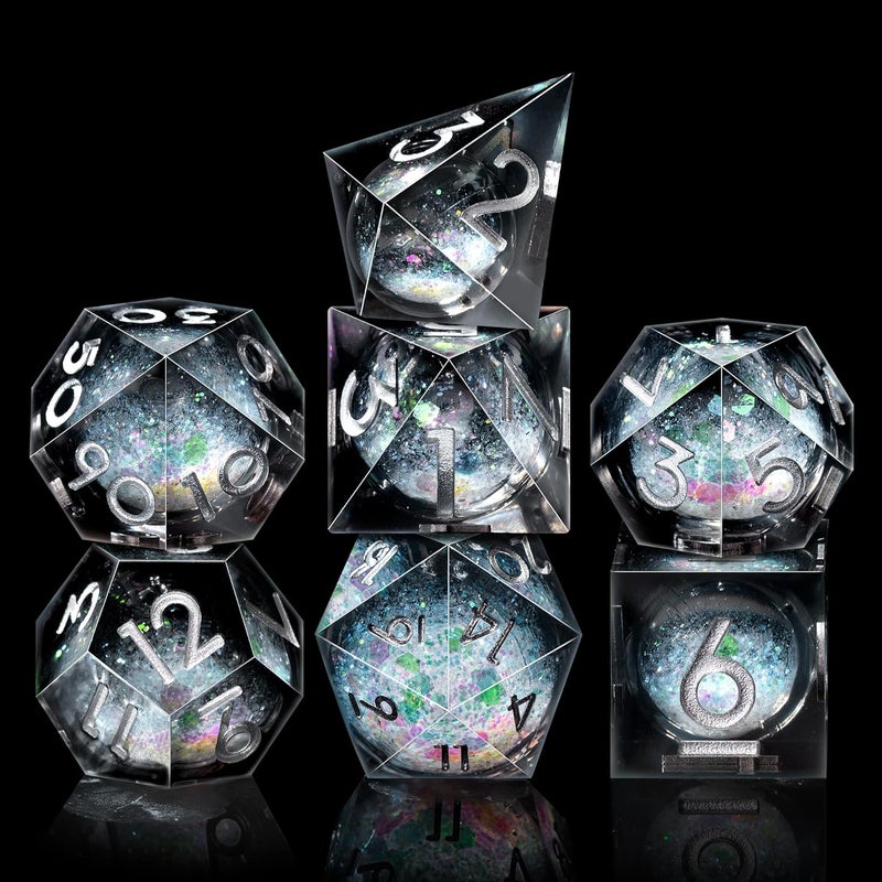 AUSTOR Liquid Core DND Dice Set, 7-Die Sharp Edge Polyhedral Dice Quicksand Handmade Resin Dices for Dungeons and Dragons RPG MTG Table Games, Black, Silver - Image 2